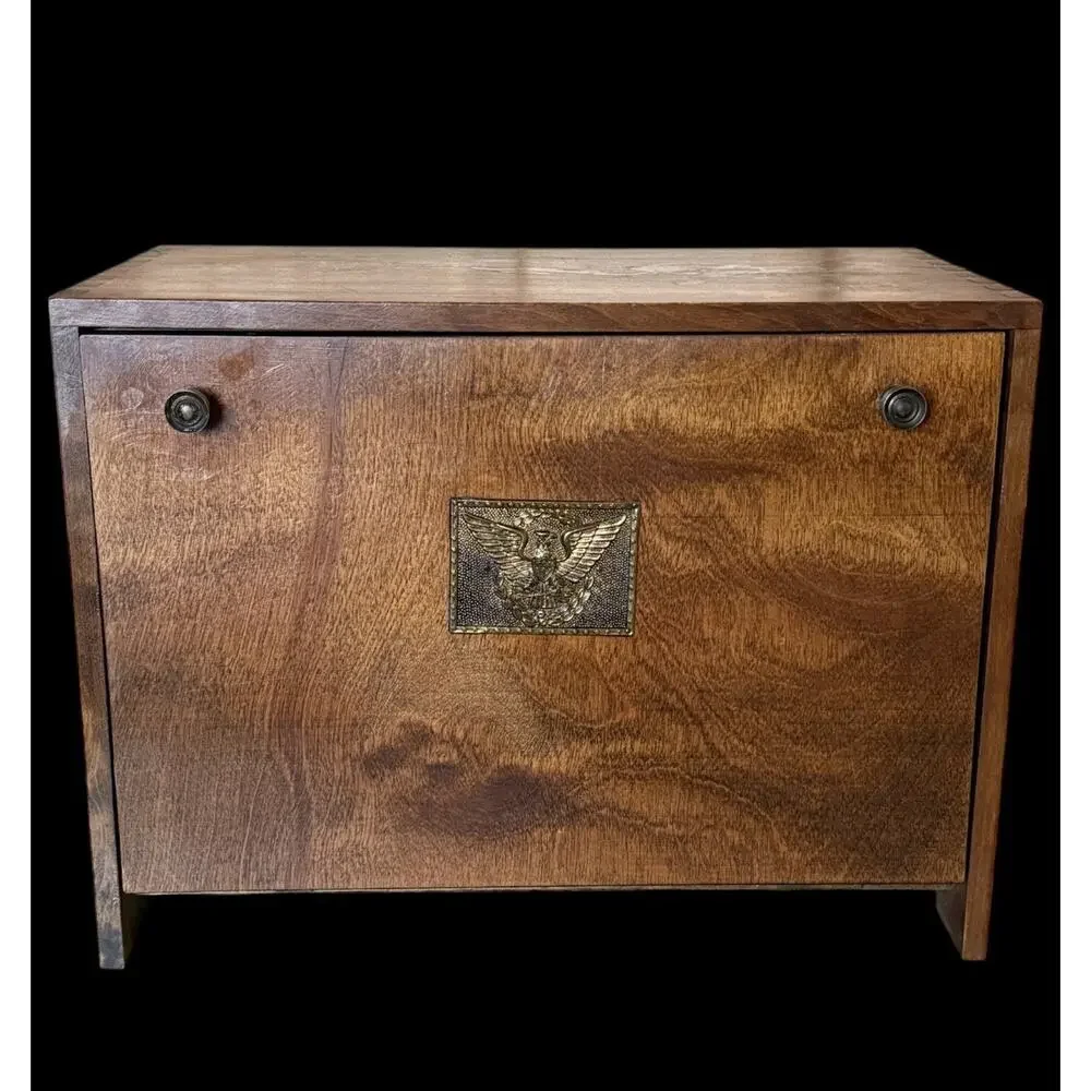 Vintage Wood Bread Box Brass Eagle Cutting Board Americana MCM EUC